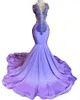 2023 Sparkly sexy prom -jurken kristal kralen Rhinestone Deep V nek paarse illusie zeemeermin lange avondjurk plus size feestjurken voor Afrikaanse vrouwen