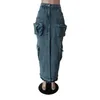 Skirts Joskaa Fashion Pockets Decoration Stretch Denim Skirt Women Hipster High Waist Split Maxi Fall 2023 Harajuku Streetwear