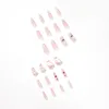 False Nails 24pcs/Box Fake Press on Short French人工ピンクの花けい