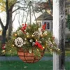 Fleurs décoratives joyeux noël panier suspendu artificiel pommes de pin branche d'arbre avec cordes lumineuses pendentifs de noël cadeaux guirlande maison
