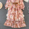 2023 Vestidos Casuais de Alta Qualidade Vintage Beach Dress Mulheres Gola Longa Lanterna Manga Paisley Multilayer Cascading Party Chiffon Dress