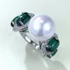 Cluster Rings Handgjorda Pearl Emerald Diamond Ring Real 925 Sterling Silver Party Wedding Band for Women Bridal Engagement Smycken