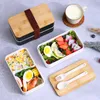 Bento Boxes 2-Layer Lunch Box Bamboo and Wood Isolated Fresh Bowl Student Microwave Container Tabellery Spoon Chopsticks Bento Lunch Box 230407