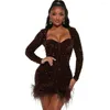 Casual Dresses TIAMO Wholesale Drop Sexy Fluoroscopic Drill Sequin Dress Long Sleeve Feather Party Mini Skrit Dance