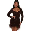 Casual Dresses Tiamo Wholesale Drop Sexig Fluoroscopic Drill Sequin Dress Långärmad Feather Party Mini Skrit Dance