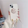 Ketting 3D Pearl Flower Vogue telefoonhoesje voor iPhone 14 13 12 11 Pro Max duurzaam verstelbaar lanyard lychee patroon lederen beschermende shell schokbestendigheid