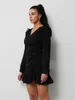 Casual Dresses FINEWORDS Vintage Casual Black Skirt Dress Long Sleeve Shirring V Neck Blouse Dress Elegant 2022 Spring A Line Club Mini Dresses P230407