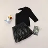 Clothing Sets Fashion Girls Clothes Halter One Shoulder Solid T Shirts Ruffles Single-breasted PU Leather Skirts Autumn Two-Piece Set