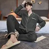 Pijamas masculinos primavera outono pijamas duas peças coreano elegante algodão manga longa pijamas casa roupas terno masculino solto