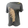 レディースTシャツ女性シャツフェザープリント夏の半袖カジュアルティートップスパンコールストラップオフショルダーホロウアップハラジュクコットン