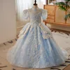 2023 blue Scoop Flower Girl Dresses Hand Made Flowers Tulle Little babys Wedding Luxurious Communion Pageant Dress Gowns pearls crystal Little Girl Wedding Dresses