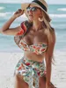 Bademode Zweiteiliger Push-up-BH mit Blumenmuster für Damen, plissierter Bandage-Bikini, Badeanzug, Strandanzug Biquini 230406