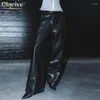 Kvinnor Pants Claceive Fashion Black Pu Leather Women 2024 Vintage High midja bredben Elegant Classic Full Length Trousers Kvinna