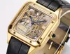 Top Stylish Quartz Watch Men Gold Srebrny Transparent Pusty Dioll Sapphire Glass Skórzany pasek na rękę Klasyczne kwadratowy projekt Gentlemen Casual Clock 170D