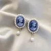 Backs Earrings Korean Temperament Round Resin Blue Stone Clip On Quenn Head Elegant Retro French Pearl No Piercing Women