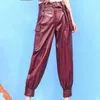 Pantalon en cuir véritable pour femme, taille haute, longueur cheville, bureau, printemps-automne, ceintures, poches, boutons, solide, peau de mouton, Cargo