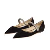 Mode Luxe Femmes Sandales Senior BAILY FLAT Italie Bouts Pointus Chaîne De Cheville En Cristal Embelli Nude Noir Daim Designer Ballerines Sandale Talons Hauts Boîte EU 35-43