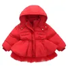 Зимний пуховик для девочек с капюшоном, красное модное кружевное пальто