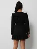 Casual Dresses FINEWORDS Vintage Casual Black Skirt Dress Long Sleeve Shirring V Neck Blouse Dress Elegant 2022 Spring A Line Club Mini Dresses P230407