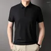 Polos masculinos verão camiseta manga curta sem costura cola prensada brocado amônia lapela elástica gelo seda camisetas topos camisa polo roupas