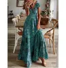 Casual Dresses Women Summer Short Sleeve Loose Beach Dresses Retro Pattern Print Bohemian Long Dress Spring V Neck High Waist Maxi Cover Up P230407