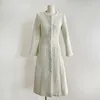 Vestidos casuais elegante chique outono inverno amarelo tweed vestido longo de alta qualidade mulheres gola redonda quatro bolsos de lã magro escritório maxi