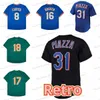 Mike Piazza Button-Up Jersey Darryl Strawberry 17 Keith Hernandez 16 Dwight Gooden Gary Carter Pullover Mesh Herren Genähte Trikots Hemden Grün Blaue Hemden