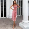 Casual Dresses Women Summer Sexy V-Neck Tank Backless Off Shoulder Folds Asymmetry Split Celebrity Knee-Length Evening Party Dress Pink