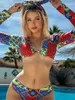Kvinnors badkläder vigorashely 2023 Sexig V -halstryck Långärmad bikini Set High Cut Push Up Swimsuit For Women 2 Piece Bathing Suit