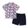 Clothing Sets 2023-02-21 Lioraitiin 0-4Years Independence Day Boys Clothes Glasses/Cow Head Print Short Sleeve Turn-Down Collar Tops Shorts