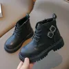 Boots Children's Motorcyle Double Buckle Ankel Black Kids Winter Shoes Platform Lace Up Boots Girls Boys Riding 408L