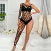 Body Sexy de rejilla negra para mujer, Body de un solo hombro con diamantes, medias de peluche, lencería erótica, disfraces Porno