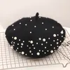 Berets Vintage Pearl Beret Hat for Women Cashmere Winter Retro French Black Red Artist Flat Fashion Yellow Lady Cap