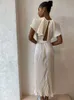 Sukienki swobodne puste białe plisowane sukienki midi kobiety o szyję krótkie rękawowe sukienki bez pleców 2023 Panie Elegancki streetwear linii szlafroki p230407