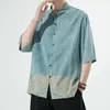 Etnisk kläder Autumn Fashion Blue Stand Collar 8 Quarter Sleeves Tang Suft Jacket Män kinesisk stil Bomull Linne knapp skjorta plus storlek
