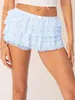 Damen-Shorts, plissierter Skater-Rock, asymmetrische Spitze, geschichtet, schick, abgestuft, kurze elastische Taille, Party, Strandmode