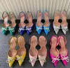 Amina Muaddi 드레스 신발 샌들 새틴 뾰족한 슬링 백 BOWTIE PUMPS Crystal-Sunflower High Heeled Shoe7cm 여성 디자이너 파티 웨딩 신발 Box 8cm