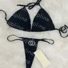 Costume da bagno a tre punti con strass in metallo con lettera, bikini, costumi da bagno estivi, da donna, sexy, perizoma biquinis, spiaggia al mare