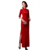 Ethnic Clothing 2023 Chinese Style Long Dress Catwalk Slim Cheongsam Women Red Qipao Cotton Wedding Party Hanfu Summer