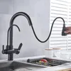 Rubinetti da cucina Rubinetto nero per acqua pura Doppia maniglia e rubinetti miscelatori estraibili per bere freddo