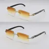 Designer New Rimless Diamond Cut Lens Lunettes de soleil originales marbrées noires corne de buffle lunettes de soleil mâle et femelle cadre en métal or 18 carats lentille carrée