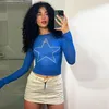 Womens TShirt Blue Star Print Graphic Long Sleeve Women Tshirt Bodycon Slim Bottoming Crop Top INS Harajuku Casual Y2K Egirl Tees 230408