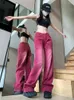 Jeans pour femmes American Retro Y2K Girls' Red Design Sense Taille haute Lâche Droite Drop Long Pantalon Mode