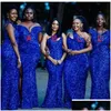 Arts And Crafts Royal Blue Sequins Bridesmaid Dresses 2022 Mermaid Floor Length Satin One Shoder Custom Made Plus Size Maid Of Honor Dhpp3