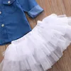 Kleidungssets Baby-Mädchen-Sommerkleidungs-Set Baby-Mädchen-Kleidung Jeanshemd TopTutu-RöckeStirnband 3-teiliges Set 05T 230407