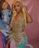 African Style Sequins Mermaid Prom Dresses For Pageant Girl With Gold Beaded Feathhers Crystal Birthday Gala Party Gowns