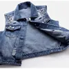 Kvinnors västar Kvinnor denim Vest Luxury Pearl Fashion Spring och Autumn Jeans Jackel ärmlös lös kort ärmjacka kostym Kvinnors slitage 230408