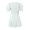 Vestidos casuais 2023 sexy branco colar quadrado baixo peito espartilho estilo mini vestido curto puff manga mulheres ruched plissado frente centro botões