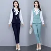 Women's Two Piece Pants 2 Sets Womens Outfits 2023 Spring Office Lady Fashion Elegant Patchwork Bow V-Neck Slim Pantsuits Female Costume