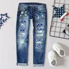 Jeans da donna Pantaloni denim da donna Gamba dritta Stampa strappata Jean cargo a vita media per donna Baggy 18 di altezza